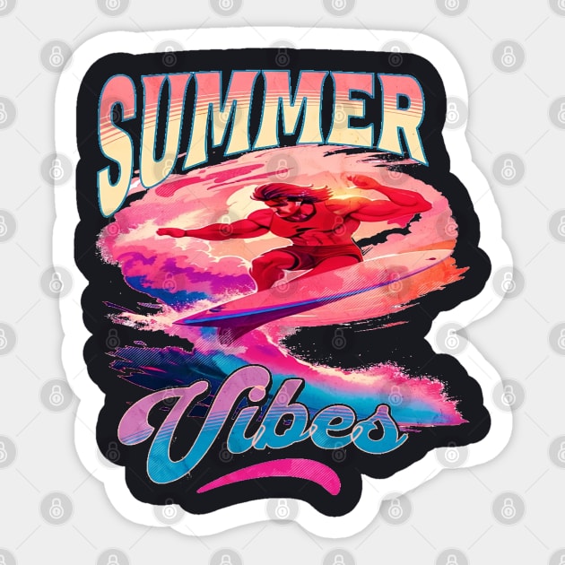 Summer Vibes, Hello Summer Vintage Funny Surfer Riding Surf Surfing Lover Gifts Sticker by Customo